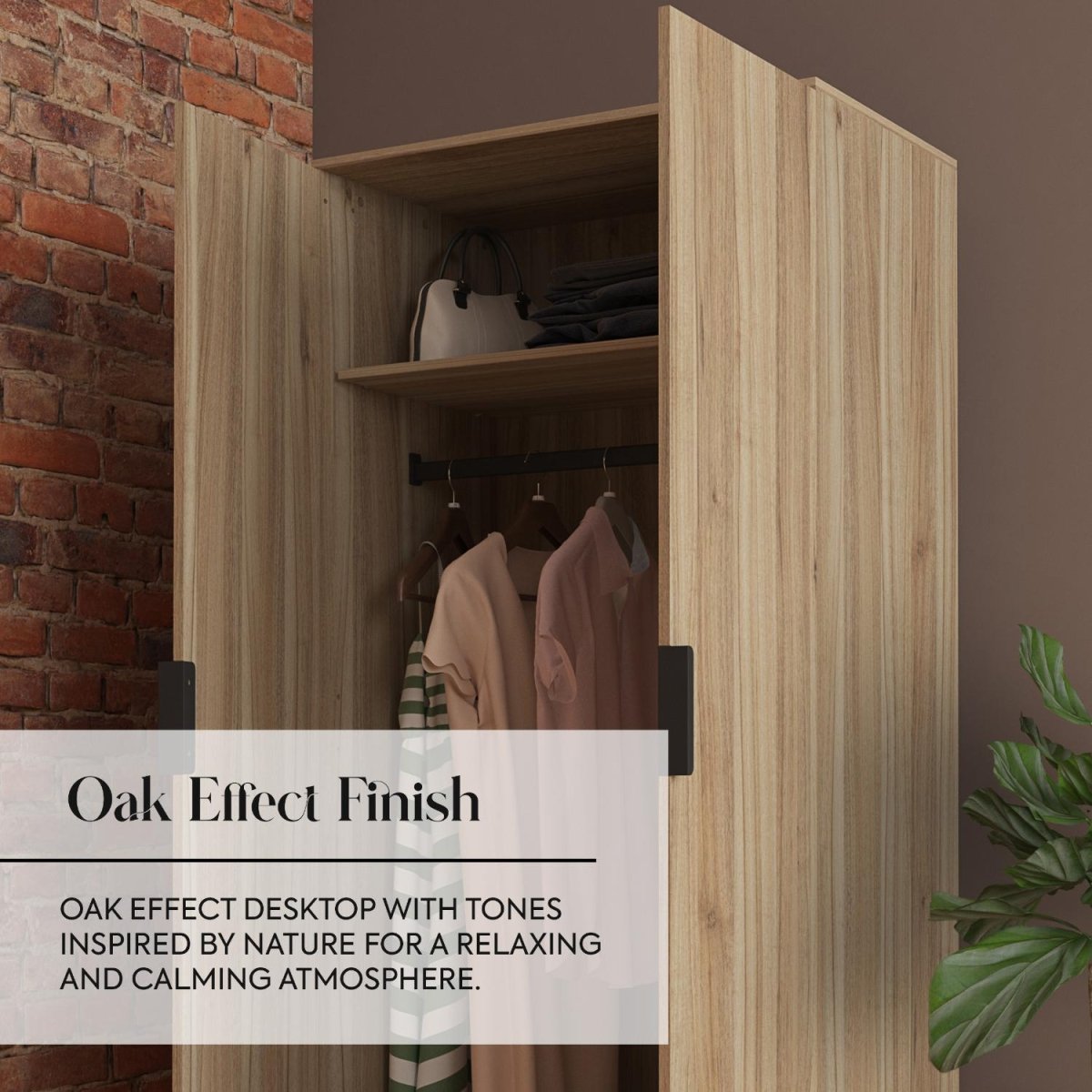 Denver 2 Door Wardrobe With App Controlled LED Lights - Oak / Black - XR LivingFurniture