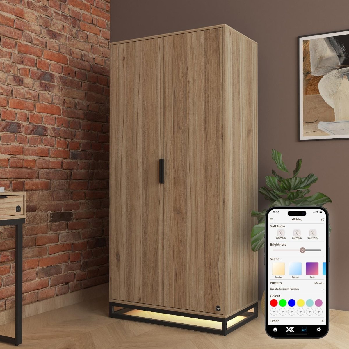 Denver 2 Door Wardrobe With App Controlled LED Lights - Oak / Black - XR LivingFurniture