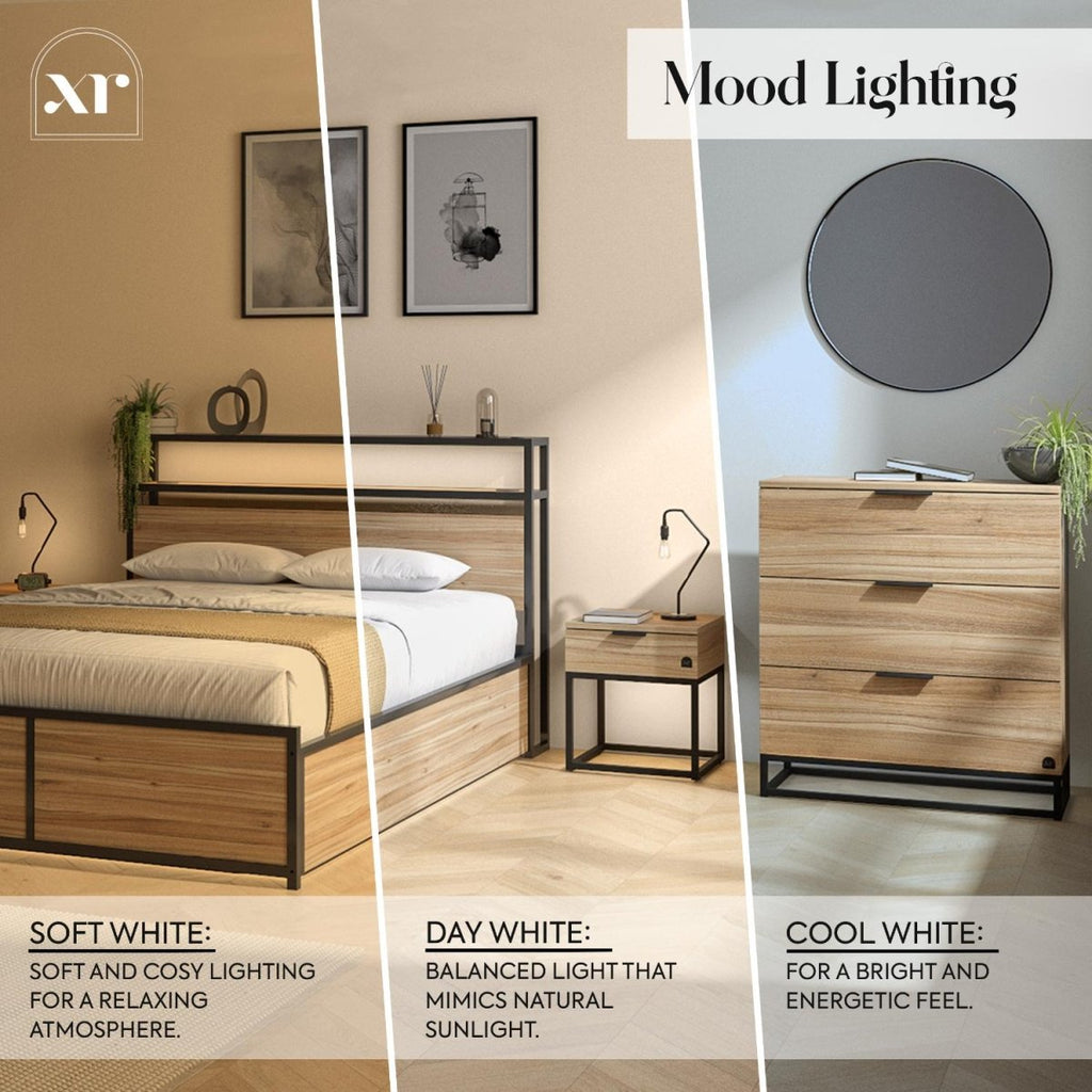Denver Bedside Table With App Controlled LED Lights - Oak / Black - XR LivingFurniture