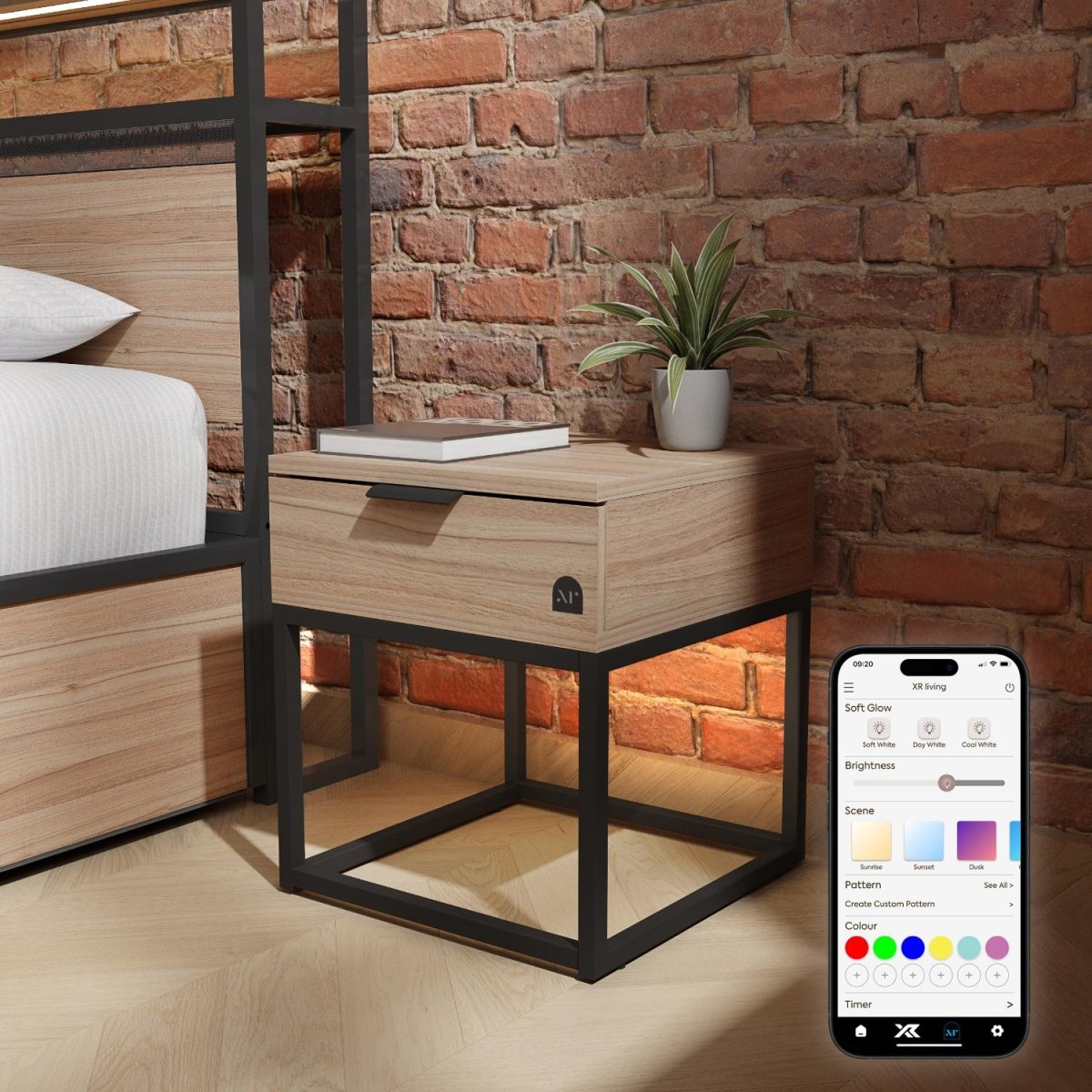 Denver Bedside Table With App Controlled LED Lights - Oak / Black - XR LivingFurniture