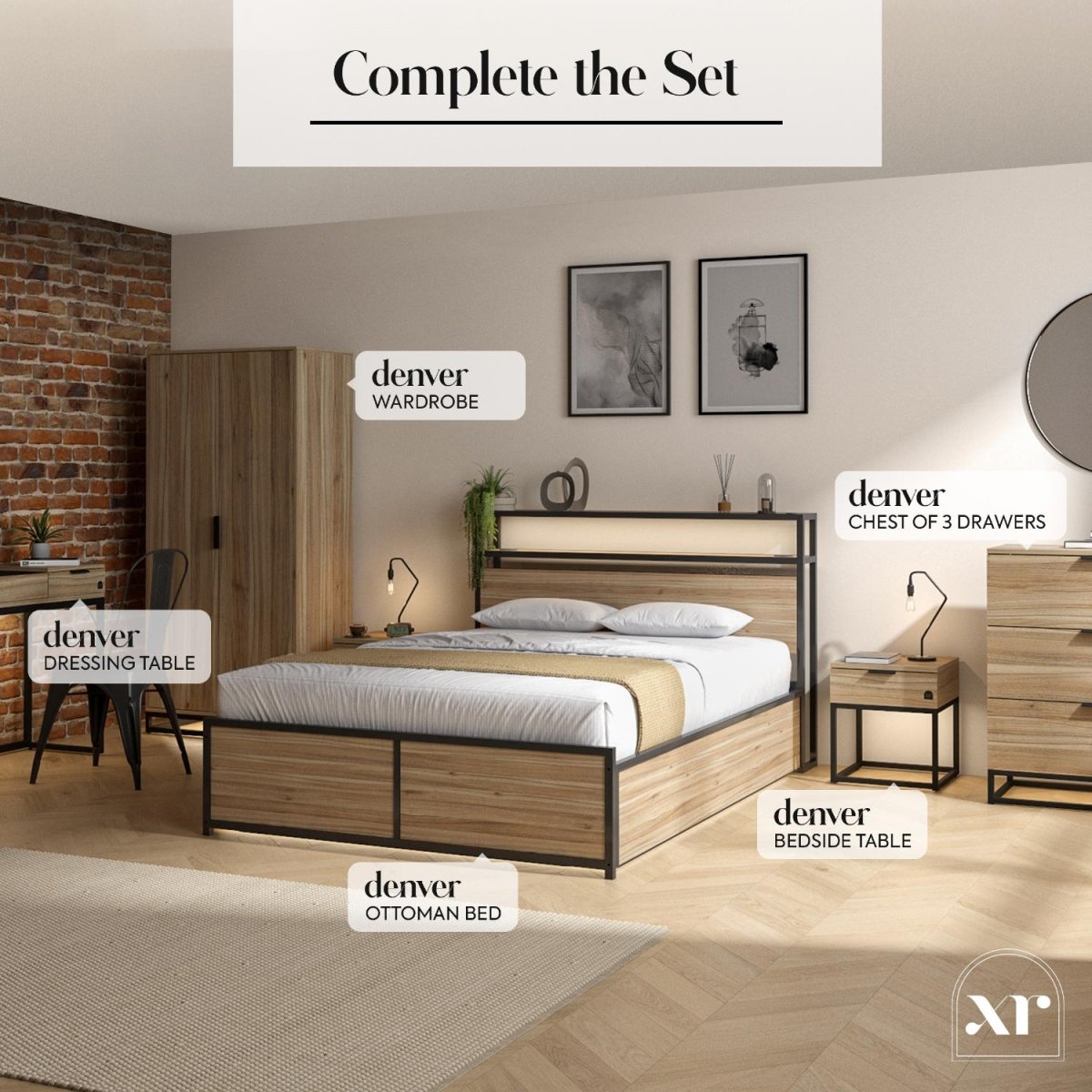 Denver Bedside Table With App Controlled LED Lights - Oak / Black - XR LivingFurniture