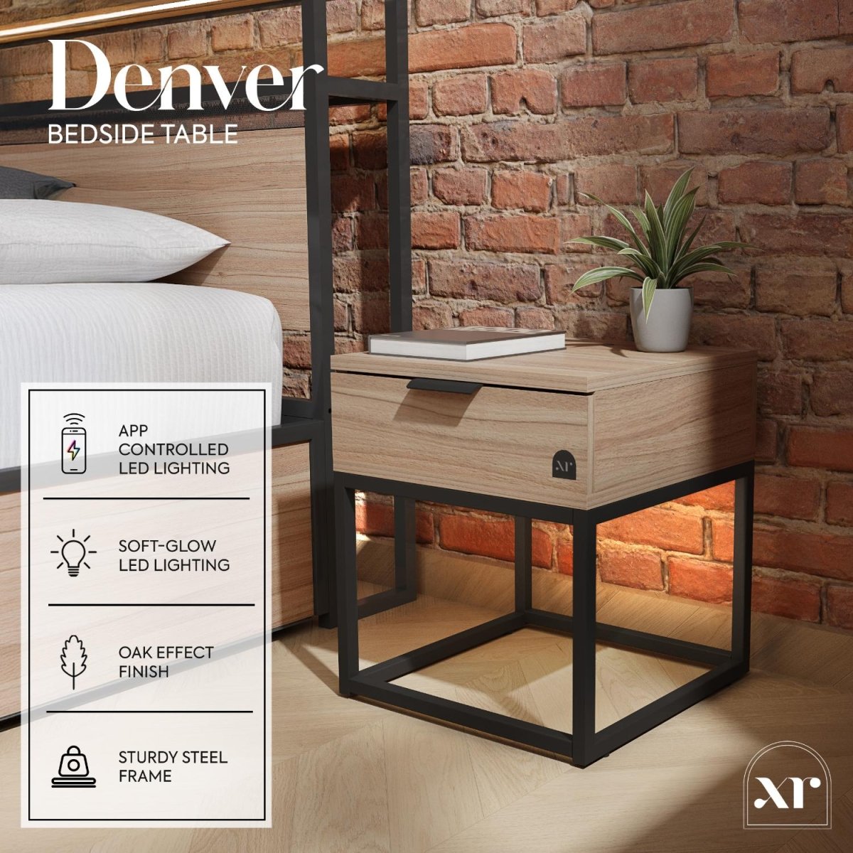 Denver Bedside Table With App Controlled LED Lights - Oak / Black - XR LivingFurniture