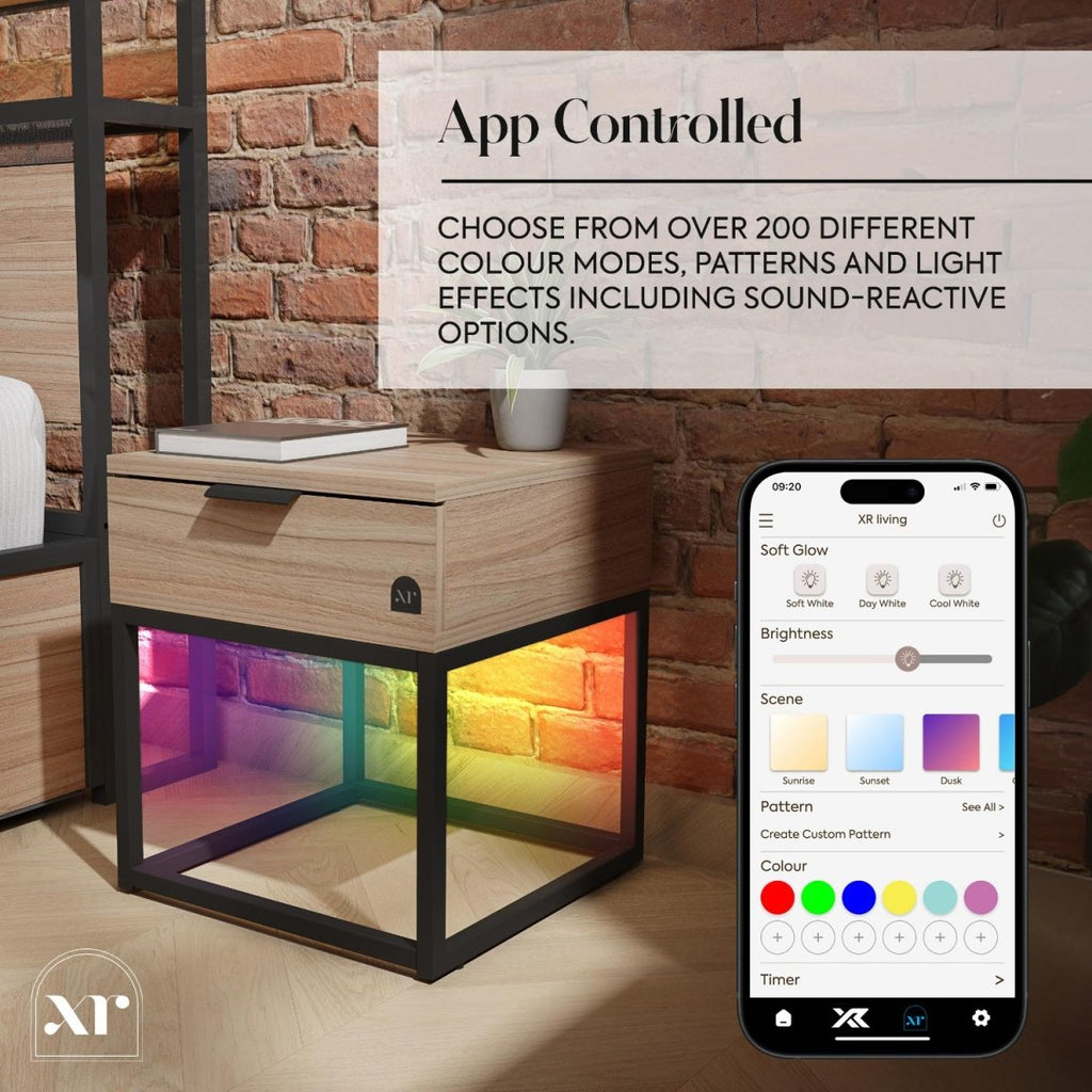 Denver Bedside Table With App Controlled LED Lights - Oak / Black - XR LivingFurniture