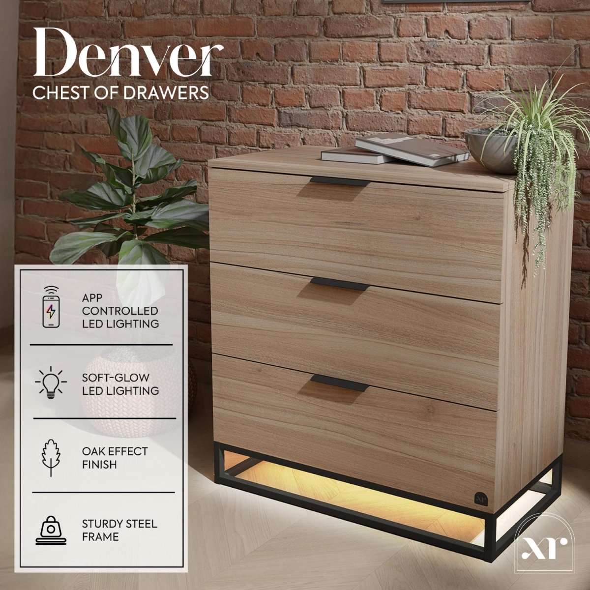 Denver Chest Of 3 Drawers with App Controlled LED Lights - Oak / Black - XR LivingFurniture