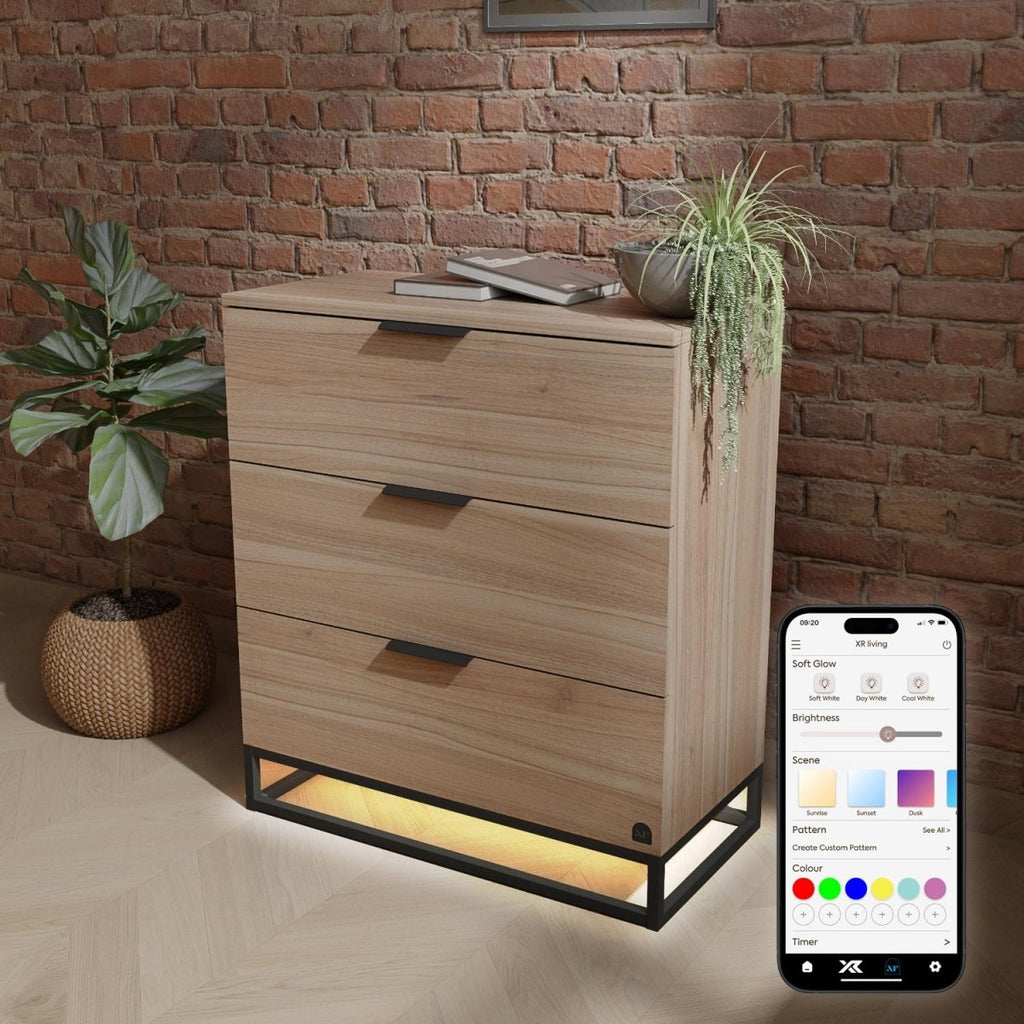 Denver Chest Of 3 Drawers with App Controlled LED Lights - Oak / Black - XR LivingFurniture