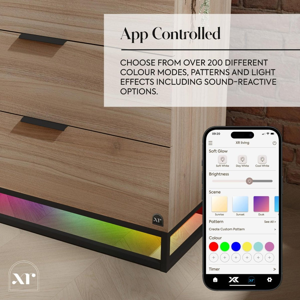 Denver Chest Of 3 Drawers with App Controlled LED Lights - Oak / Black - XR LivingFurniture
