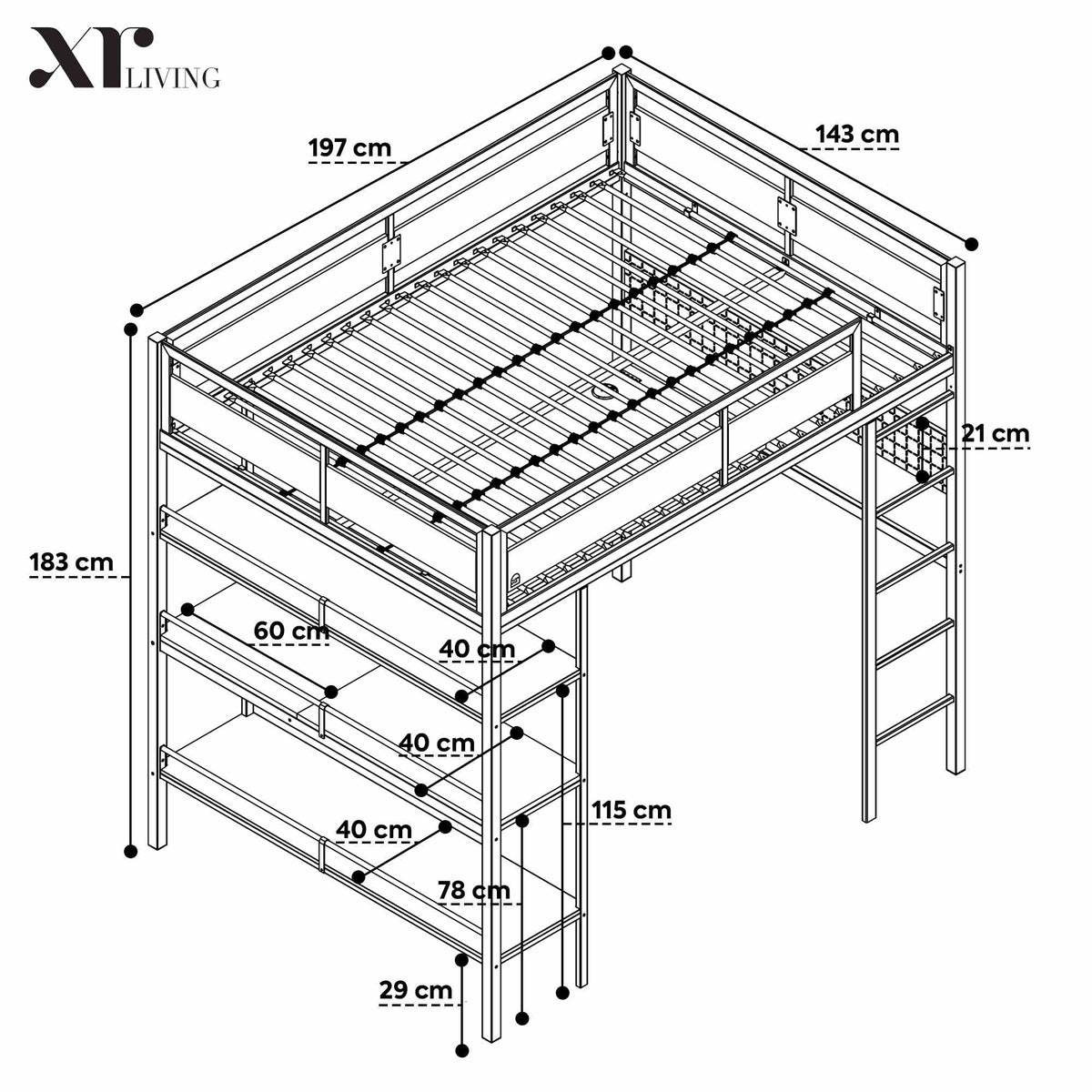 Denver Double High Sleeper With App Controlled LED Lighting - Black dimensions