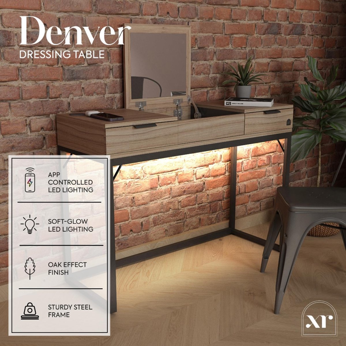 Denver Dressing Table With Mirror, Wireless Charging and App Controlled LED Lights - Oak / Black - XR LivingFurniture