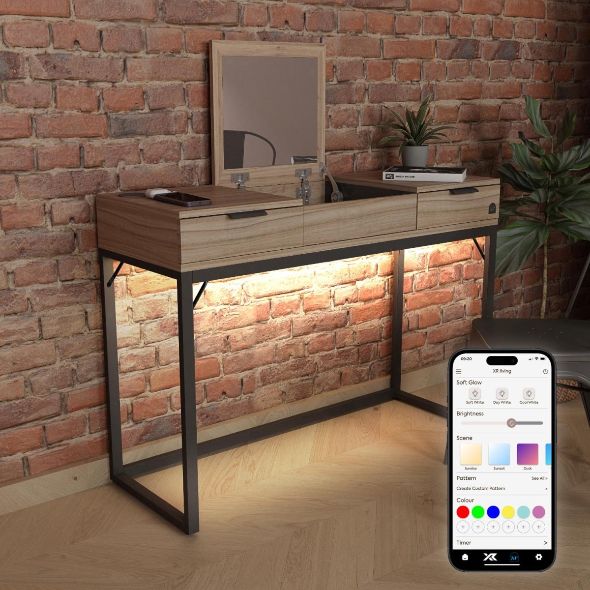 Denver Dressing Table With Mirror, Wireless Charging and App Controlled LED Lights - Oak / Black - XR LivingFurniture