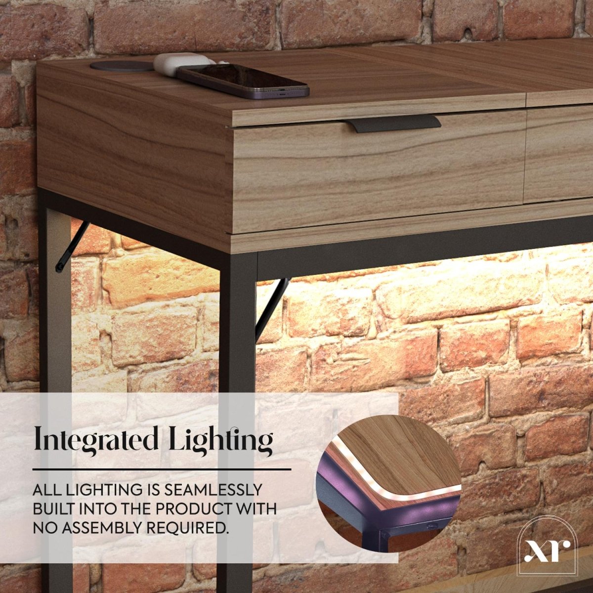 Denver Dressing Table With Mirror, Wireless Charging and App Controlled LED Lights - Oak / Black - XR LivingFurniture