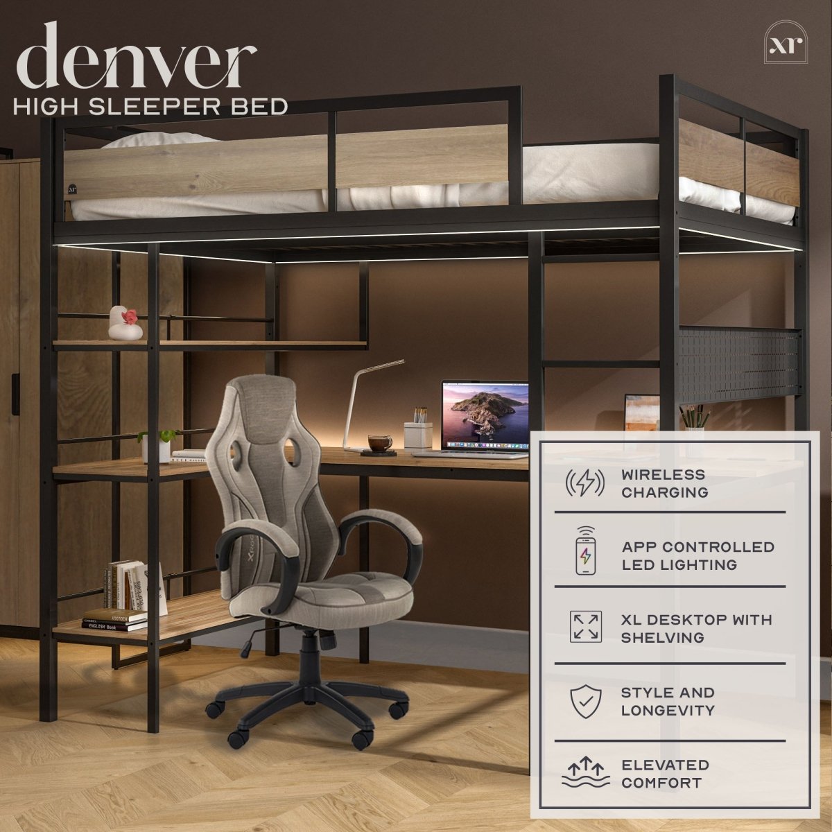 Denver High Sleeper Bunk Bed With Desk DOUBLE - Black - XR LivingHigh Sleeper Bed