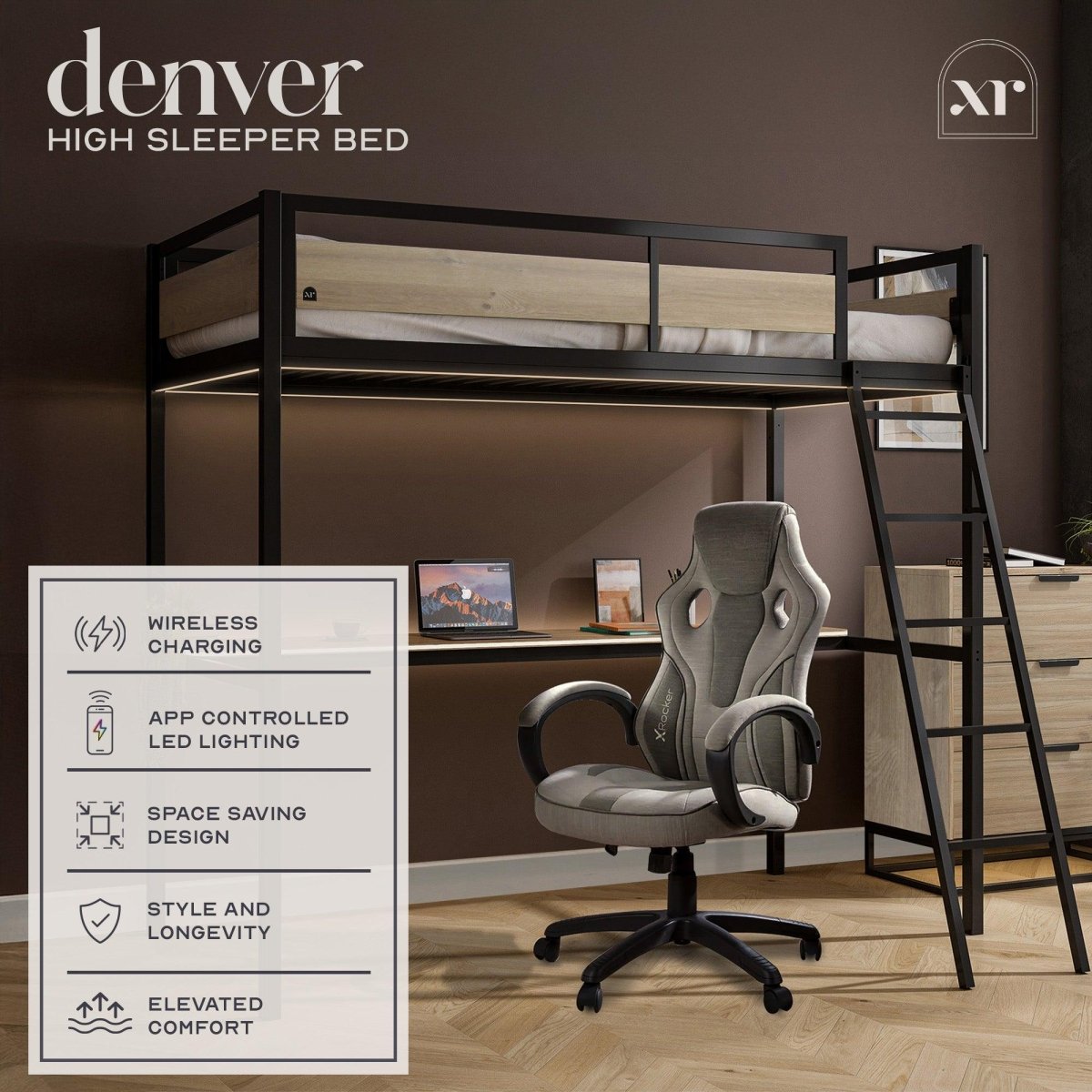 Denver High Sleeper Bunk Bed With Desk SINGLE - Black - XR LivingHigh Sleeper Bed