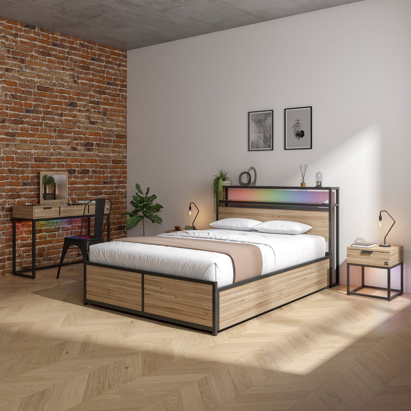 Denver Ottoman Bed with Wireless Charging - Oak / Black (2 Sizes) - XR Living
