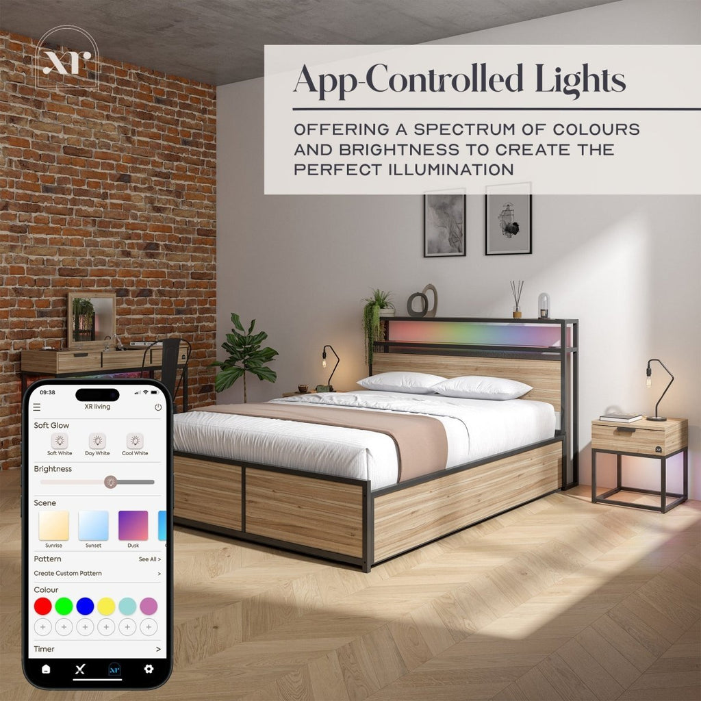 Denver Ottoman Bed With App Controlled LED Lighting - Oak / Black (2 Sizes) - XR LivingOttoman Bed
