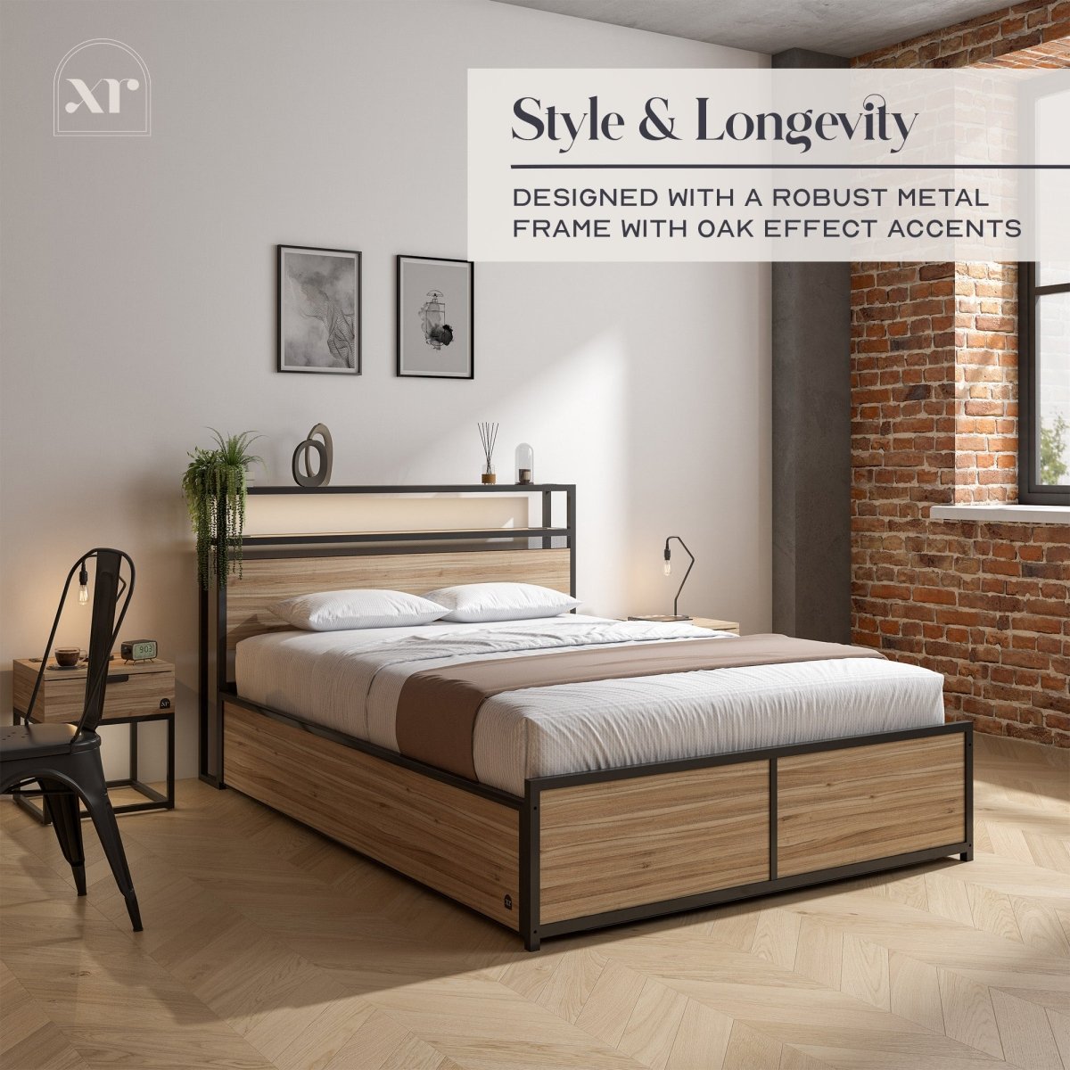 Denver Ottoman Bed With App Controlled LED Lighting - Oak / Black (2 Sizes) - XR LivingOttoman Bed