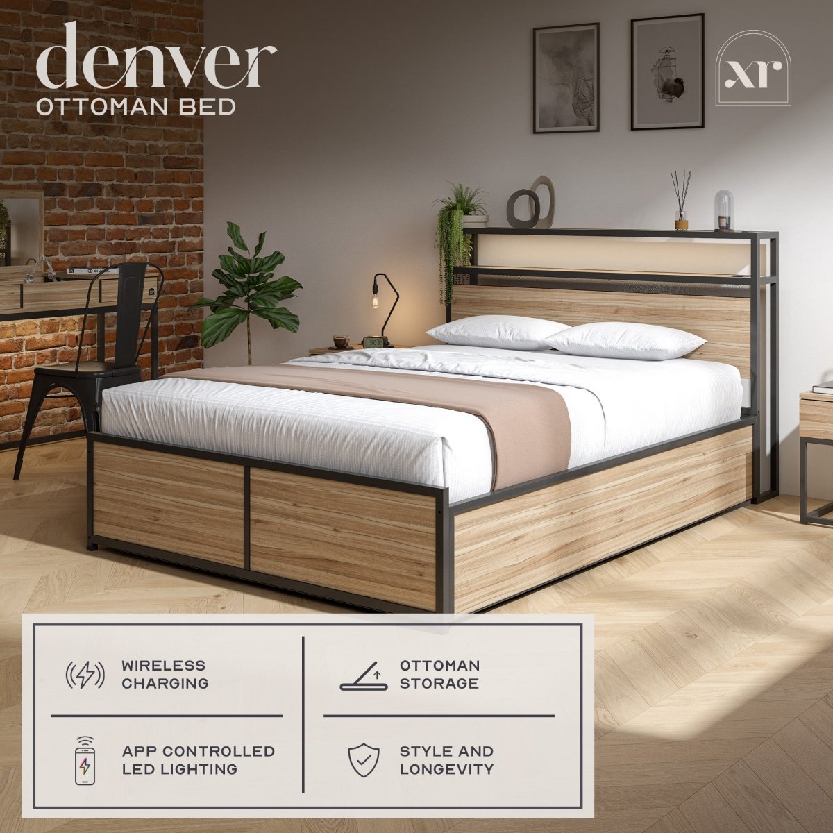 Denver Ottoman Bed with Wireless Charging - Oak / Black (2 Sizes) - XR LivingOttoman Bed