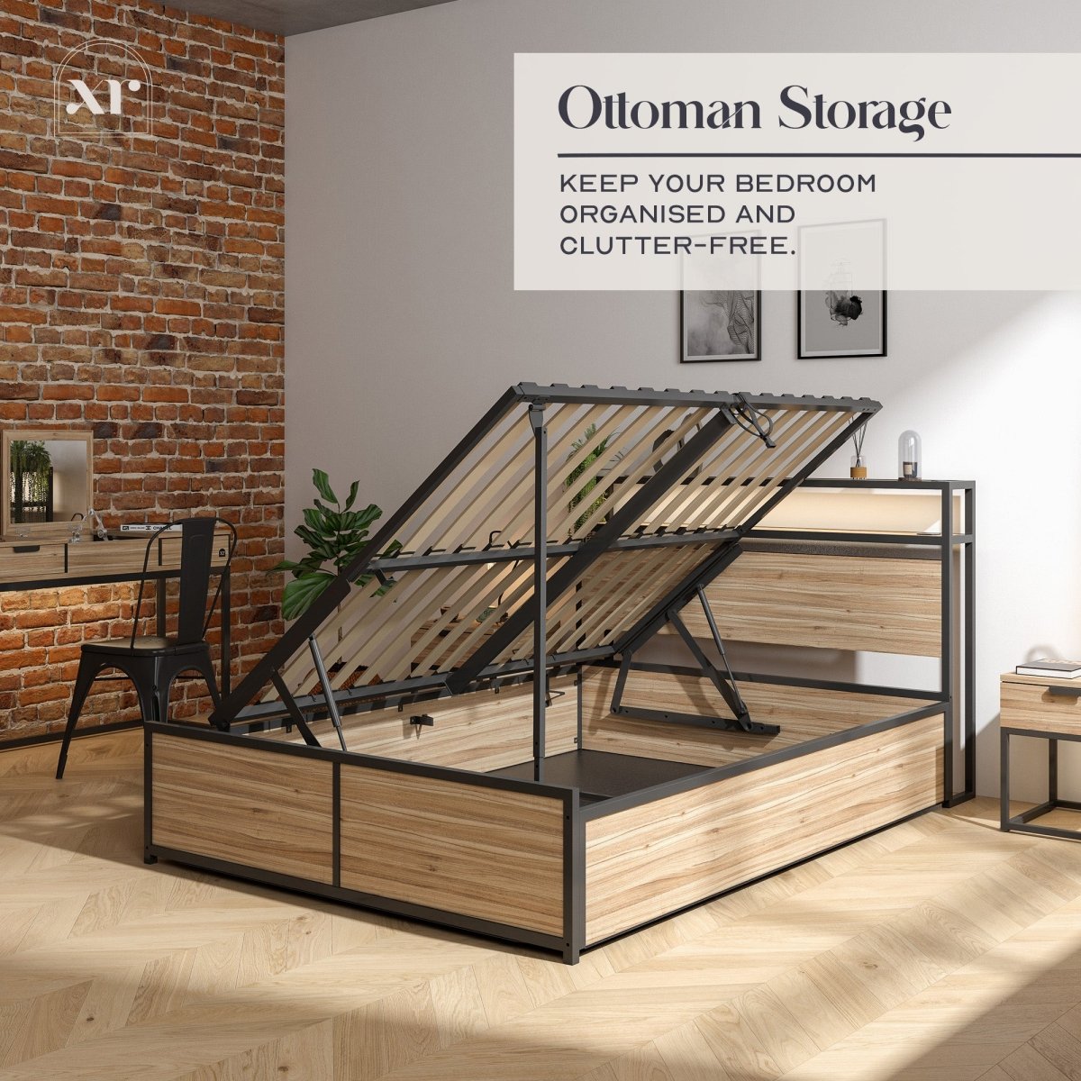 Denver Ottoman Bed with Wireless Charging - Oak / Black (2 Sizes) - XR LivingOttoman Bed