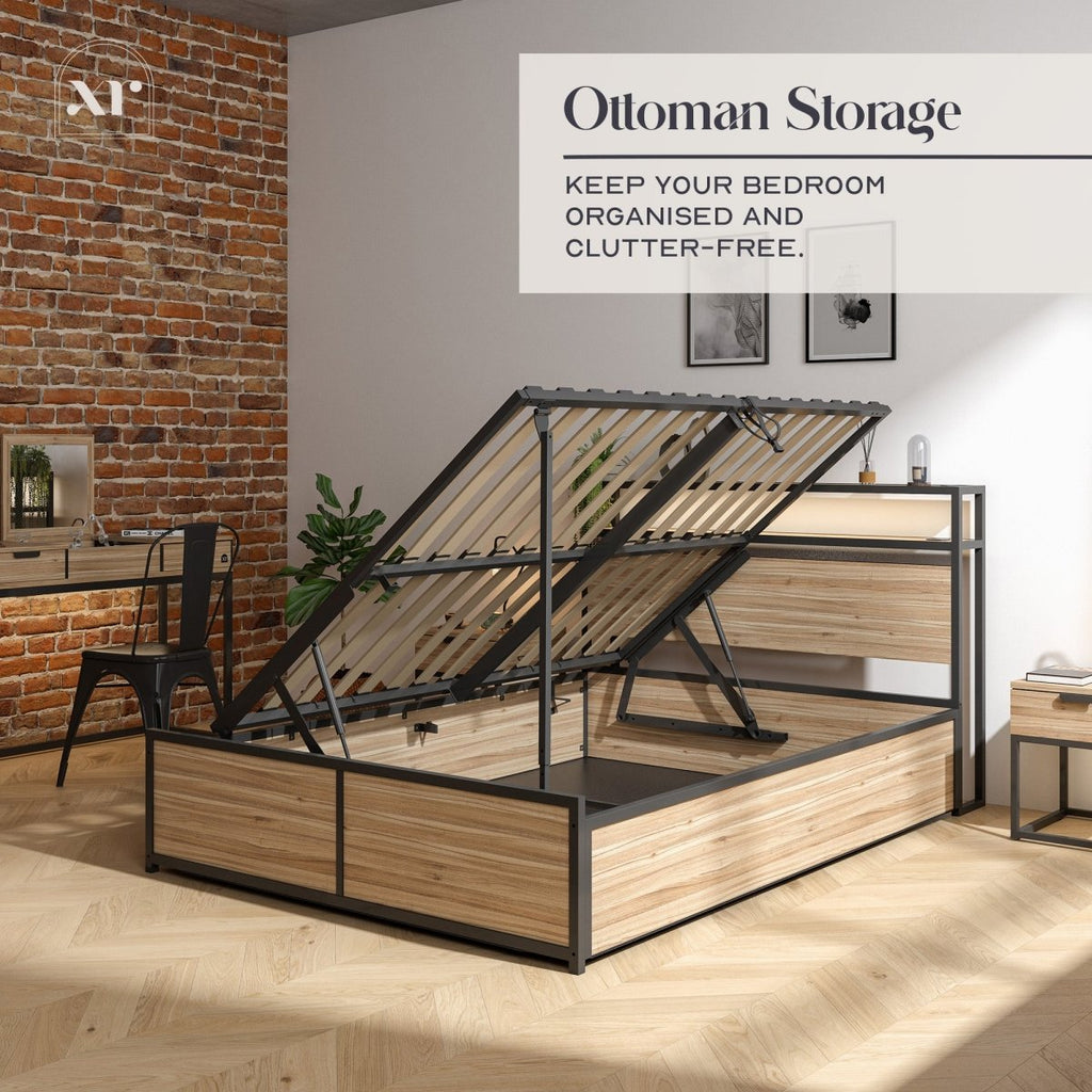 Denver Ottoman Bed with Wireless Charging - Oak / Black (2 Sizes) - XR LivingOttoman Bed