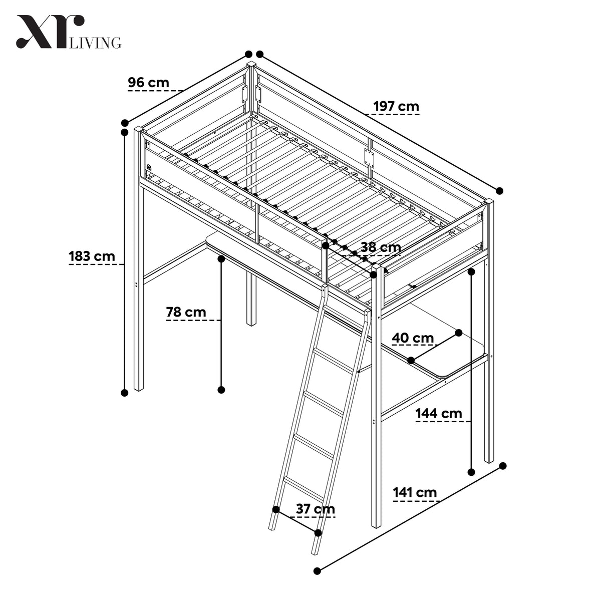 Denver Single High Sleeper With App Controlled LED Lighting - Black dimensions
