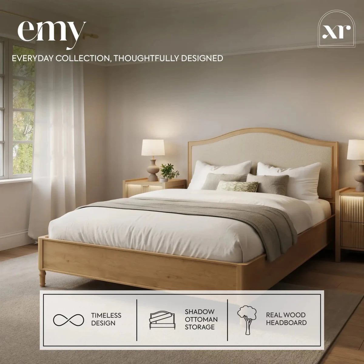 Emy French Style Shadow Ottoman Wooden Bed Frame - Oak / Natural (2 Sizes) - XR LivingBed Frame
