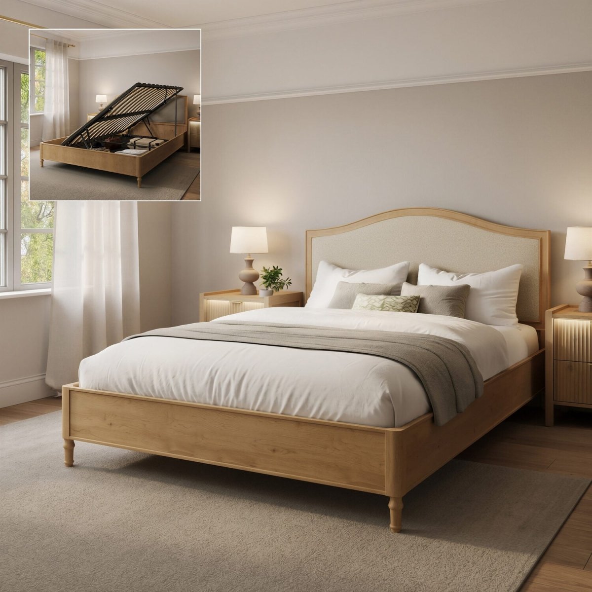 Emy French Style Shadow Ottoman Wooden Bed Frame - Oak / Natural (2 Sizes) - XR LivingBed Frame