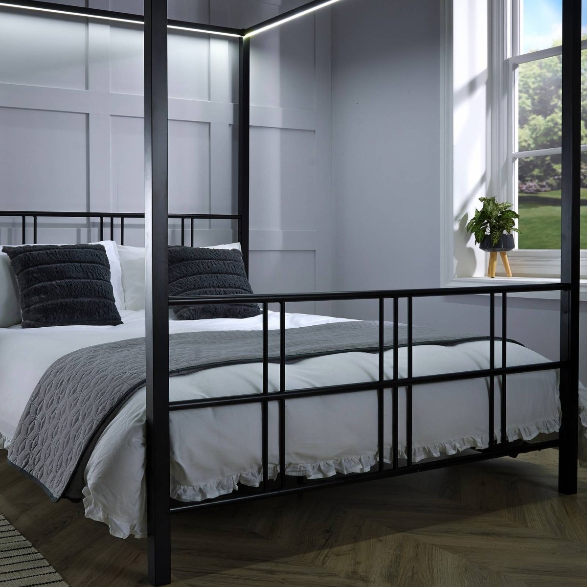 Fern Four Poster Double Bed with LED Lighting - Black - XR Living