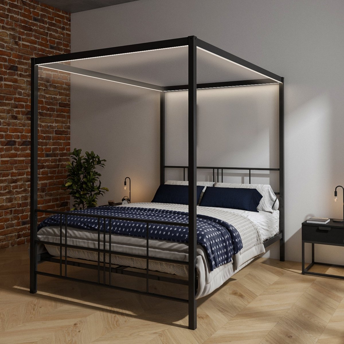 Fern Four Poster Double Bed with LED Lighting - Black - XR Living