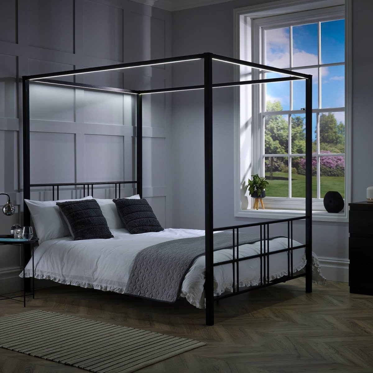 Fern Four Poster Double Bed with LED Lighting - Black - XR Living