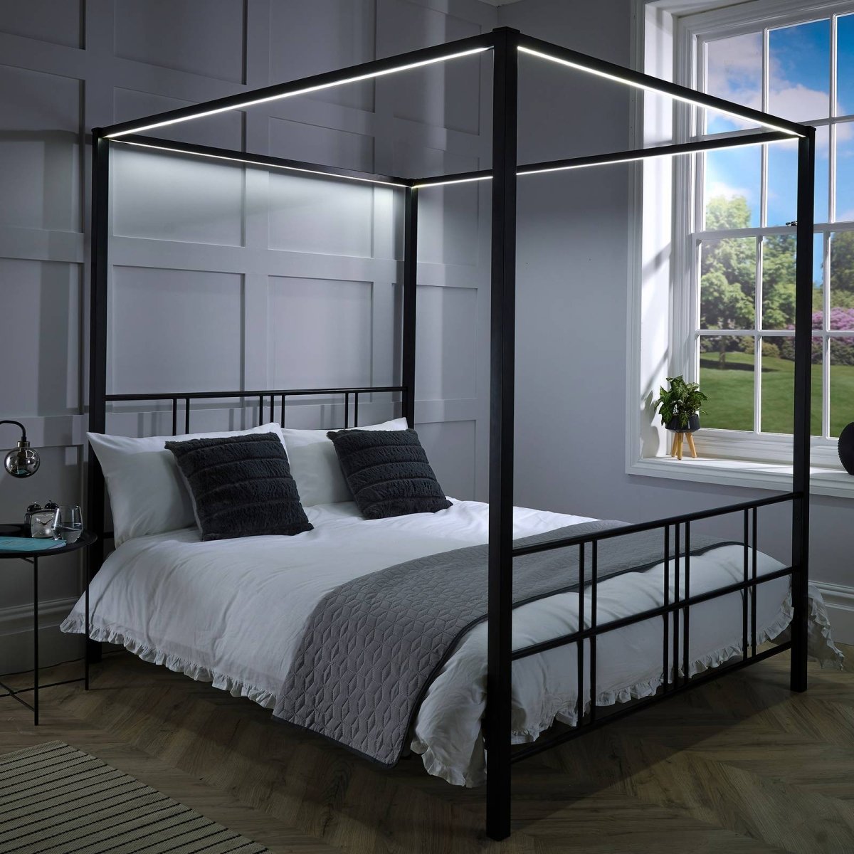 Fern Four Poster Double Bed with LED Lighting - Black - XR Living