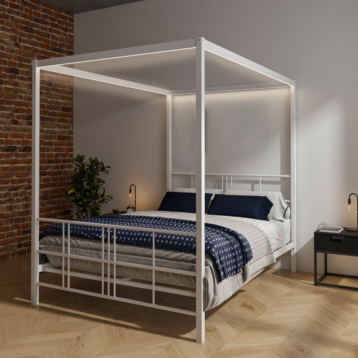 Fern Four Poster Double Bed with LED Lighting - White - XR Living