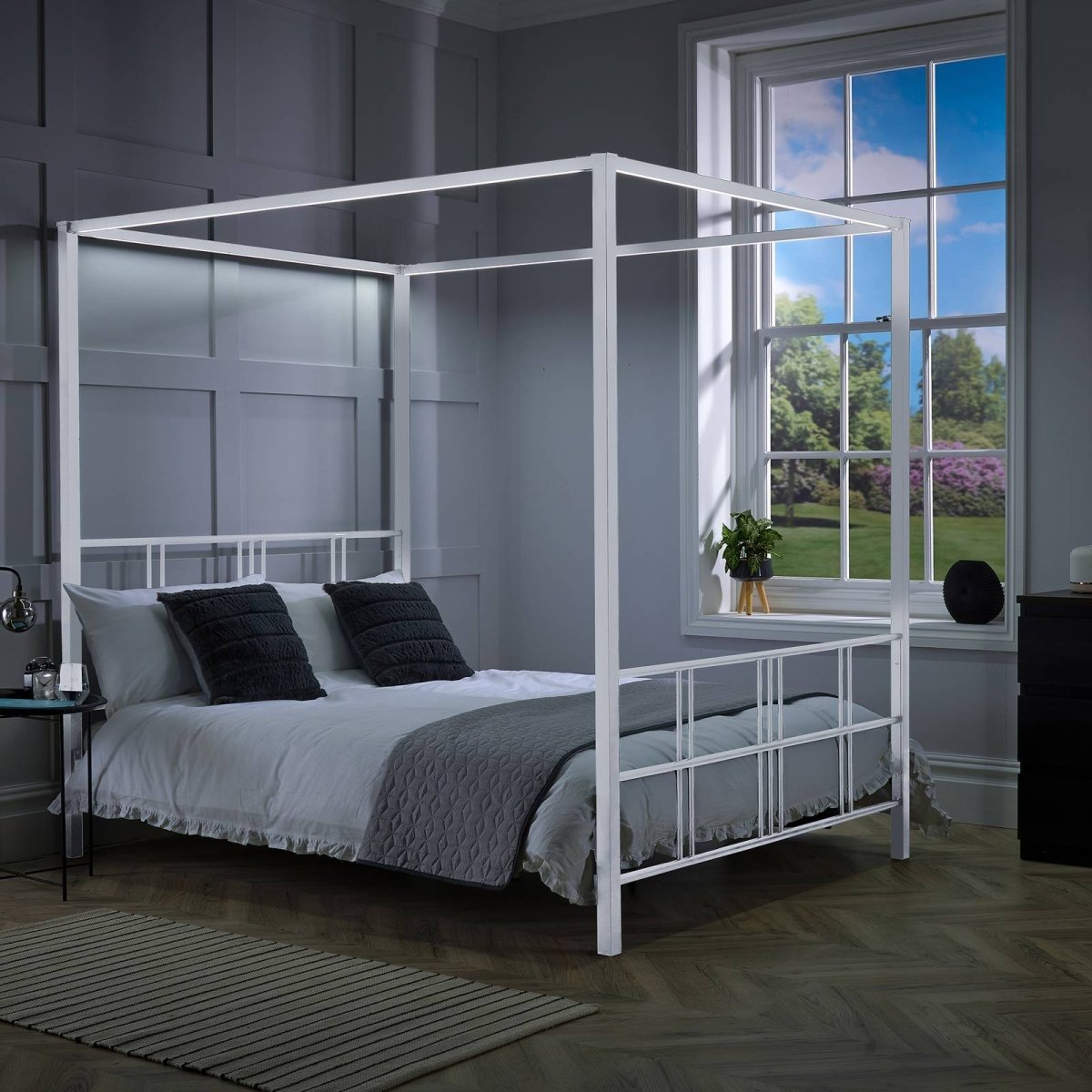Fern Four Poster Double Bed with LED Lighting - White - XR Living