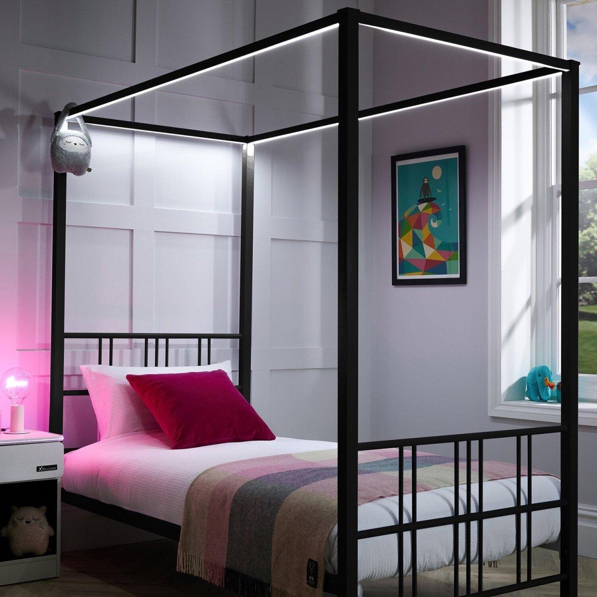 Fern Four Poster Single Bed with LED Lighting - Black - XR LivingFour Poster Bed
