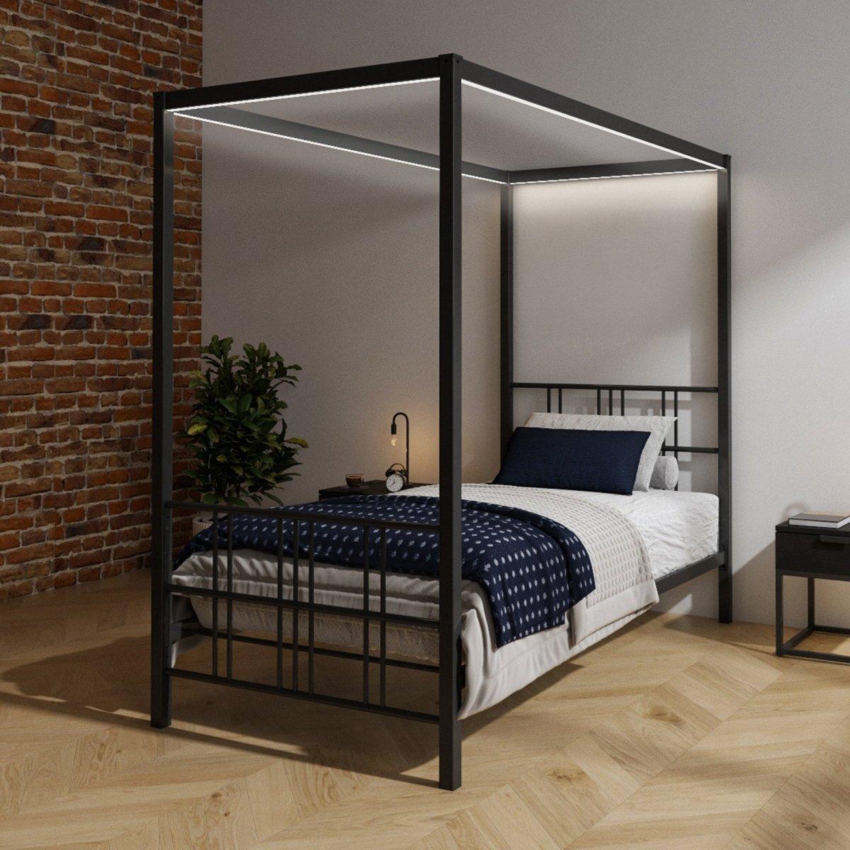 Fern Four Poster Single Bed with LED Lighting - Black - XR LivingFour Poster Bed