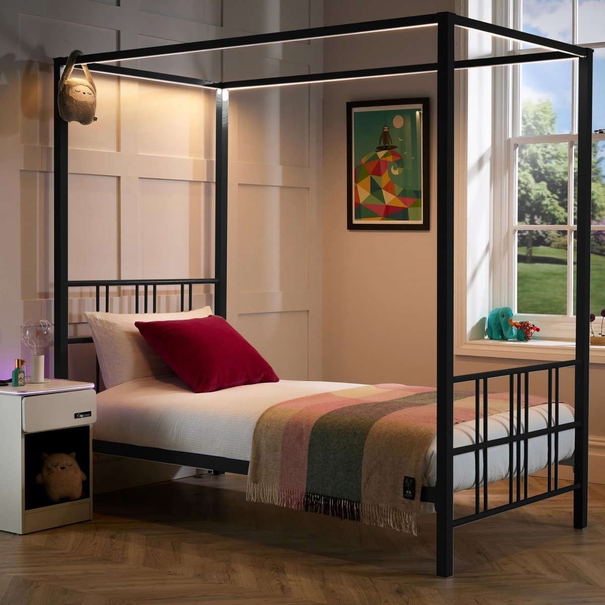 Fern Four Poster Single Bed with LED Lighting - Black - XR LivingFour Poster Bed