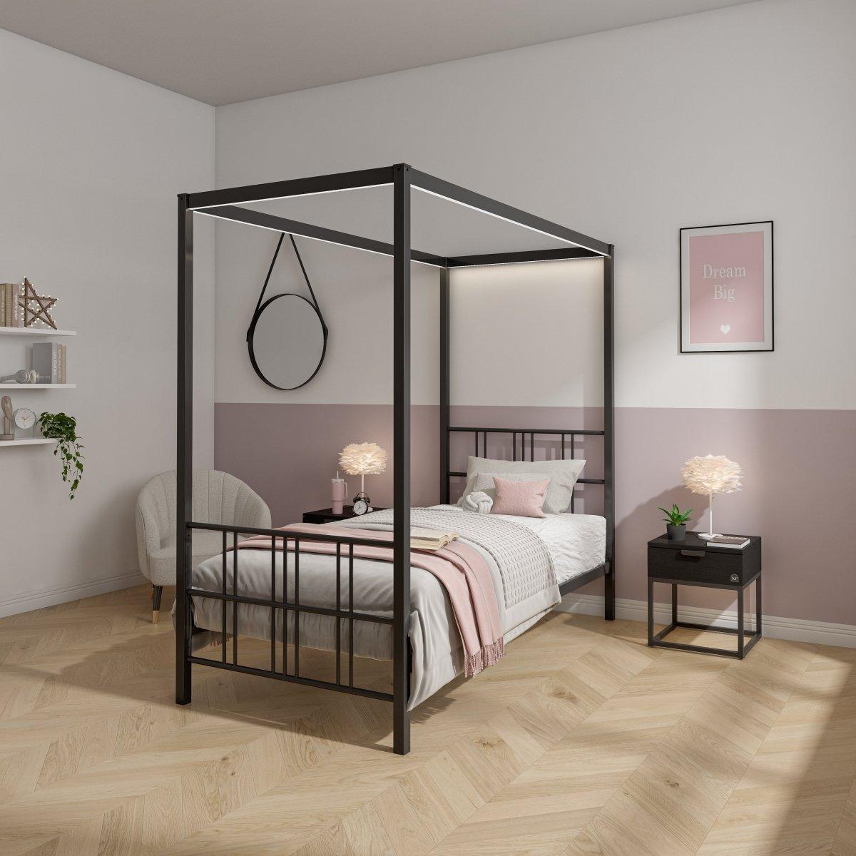 Fern Four Poster Single Bed with LED Lighting - Black - XR LivingFour Poster Bed