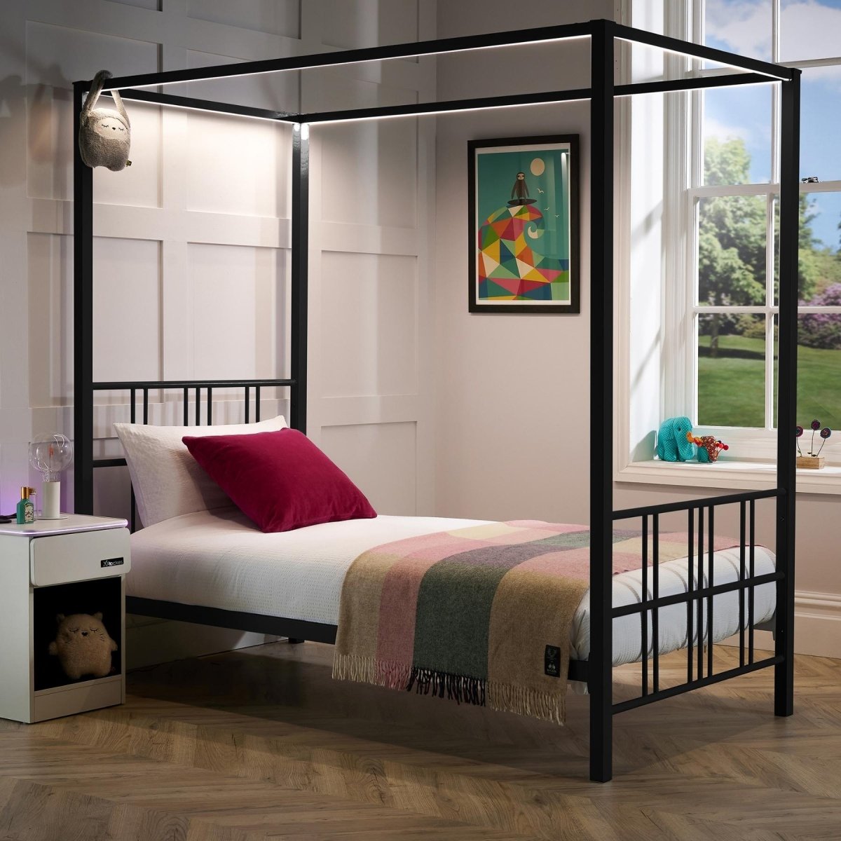 Fern Four Poster Single Bed with LED Lighting - Black - XR LivingFour Poster Bed