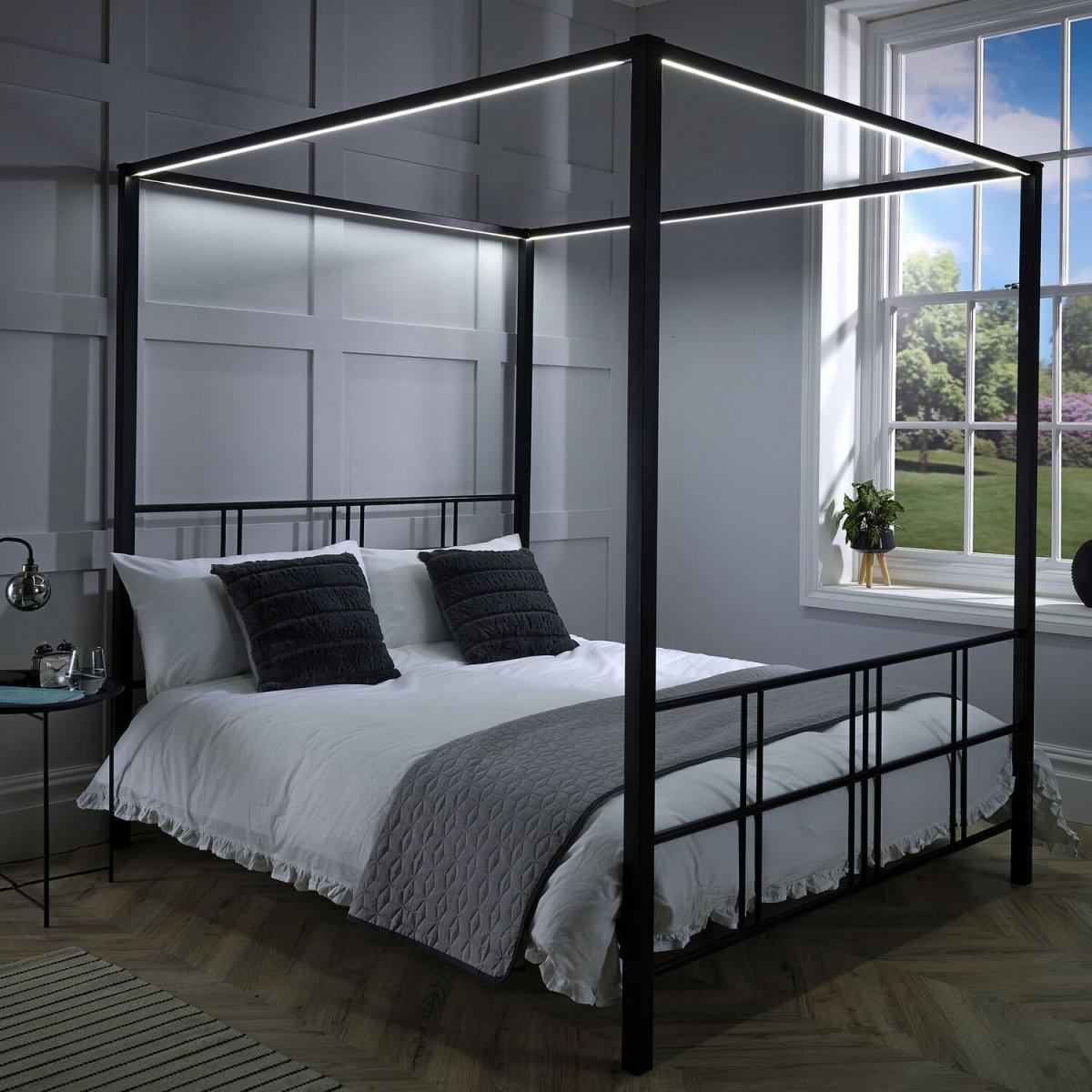 Fern Four Poster Single Bed with LED Lighting - Black - XR LivingFour Poster Bed