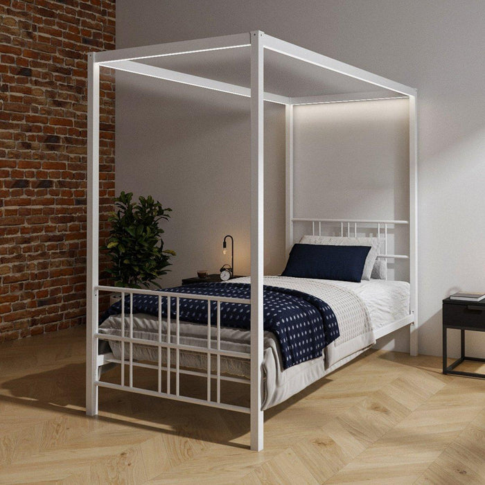 Fern Four Poster Single Bed with LED Lighting - White - XR LivingFour Poster Bed