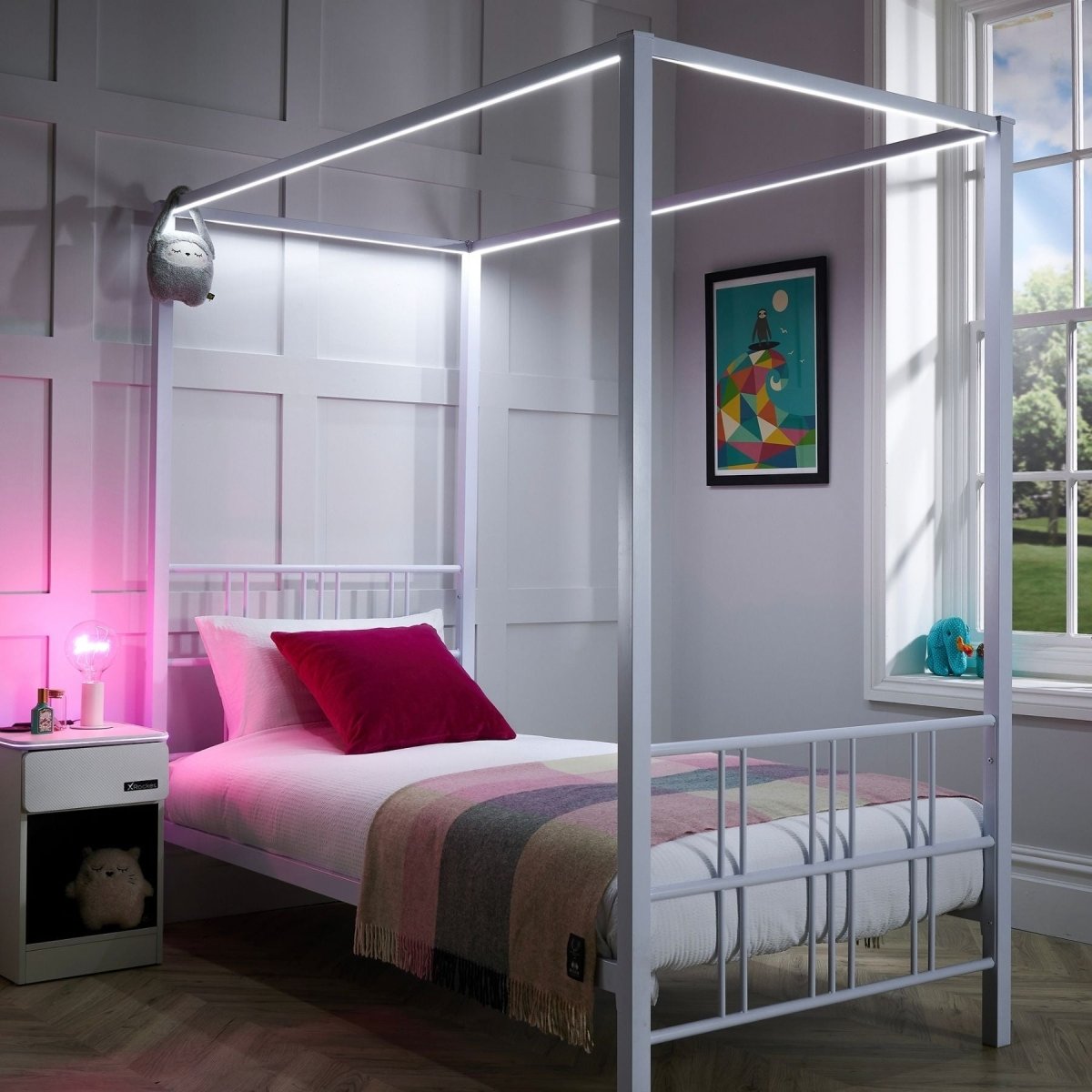 Fern Four Poster Single Bed with LED Lighting - White - XR LivingFour Poster Bed