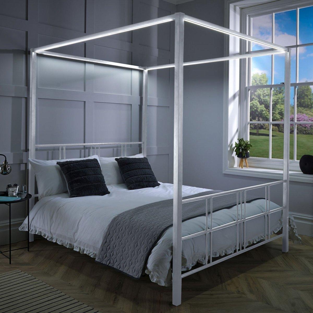 Fern Four Poster Single Bed with LED Lighting - White - XR LivingFour Poster Bed