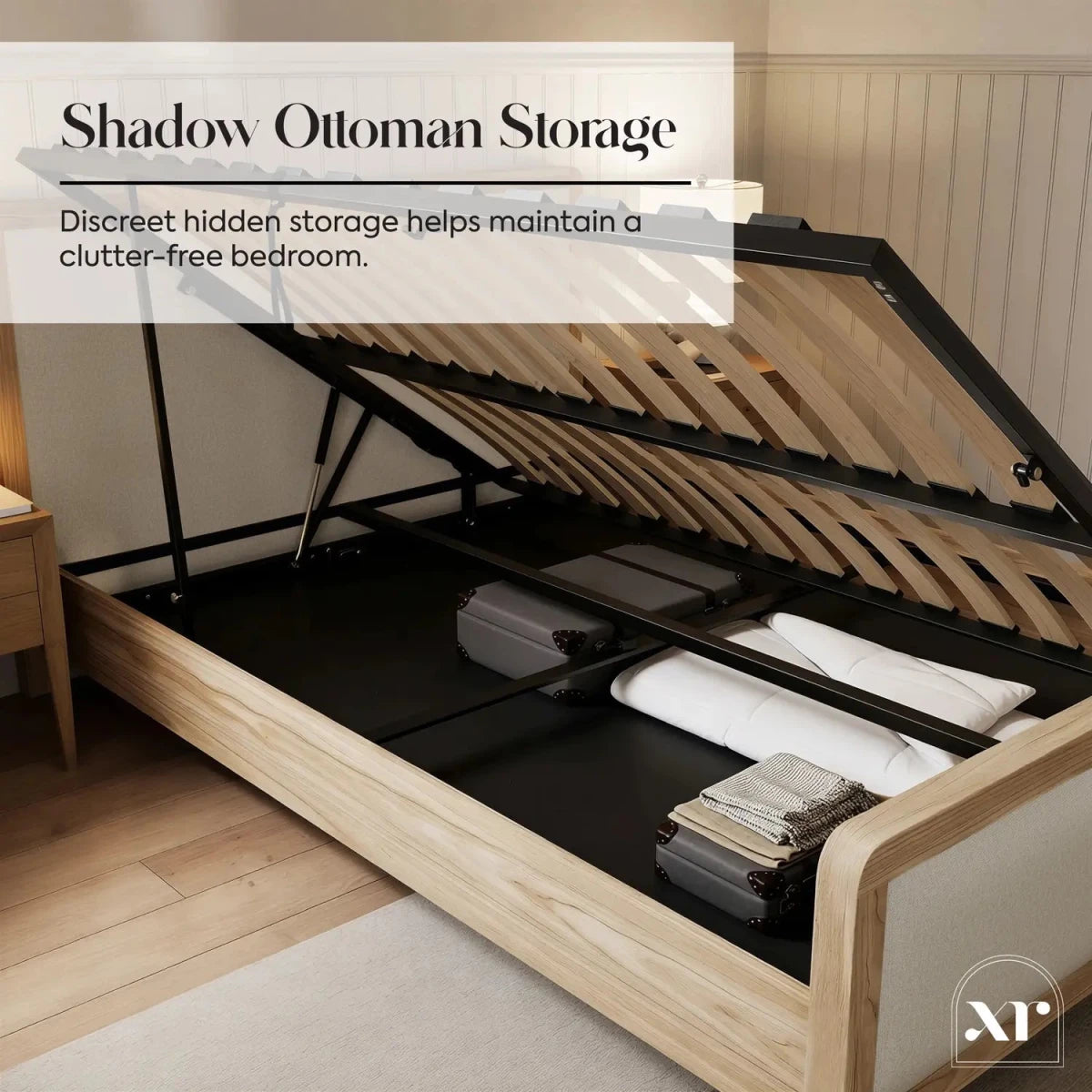Leonie Shadow Ottoman Wooden Bed Frame - Ash / Natural (2 Sizes) - XR LivingBed Frame
