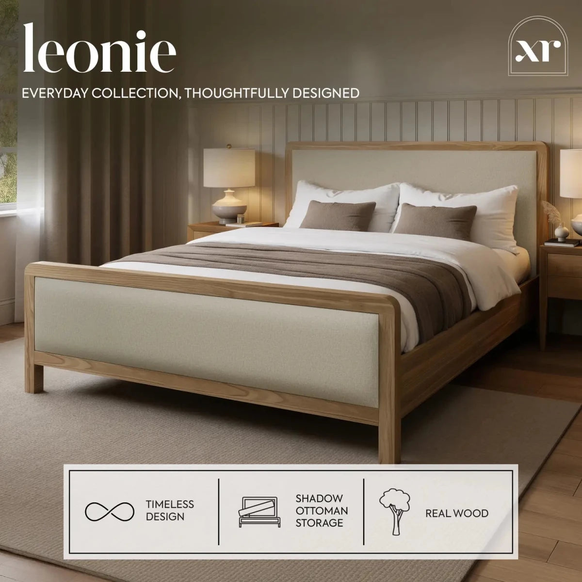 Leonie Shadow Ottoman Wooden Bed Frame - Ash / Natural (2 Sizes) - XR LivingBed Frame