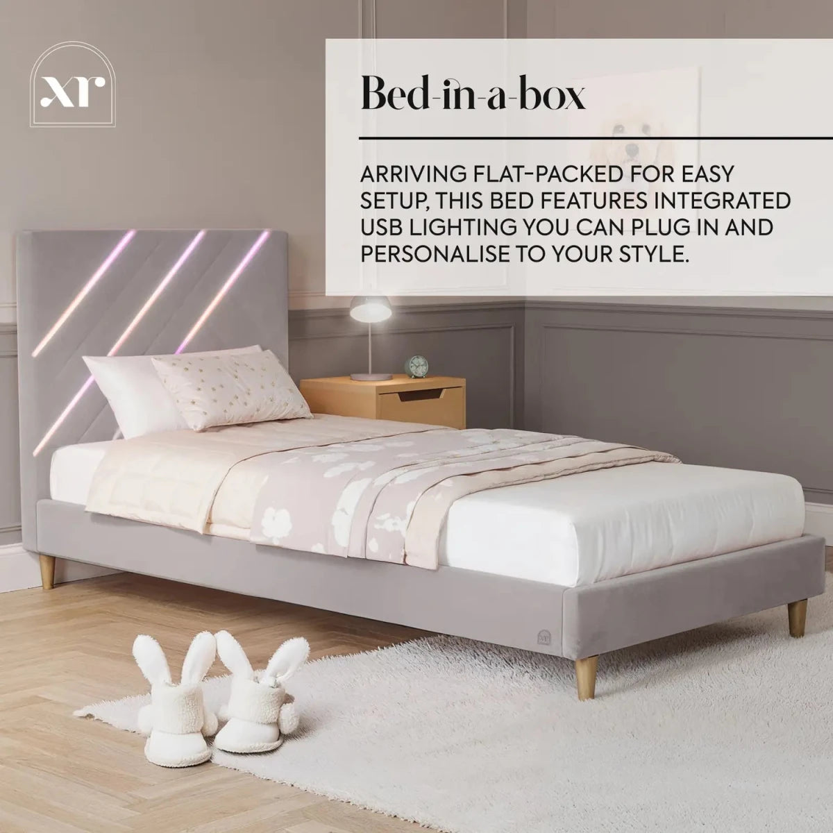 Lily Single Bed Frame with App Controlled LED Lights - Grey - XR LivingBed Frame