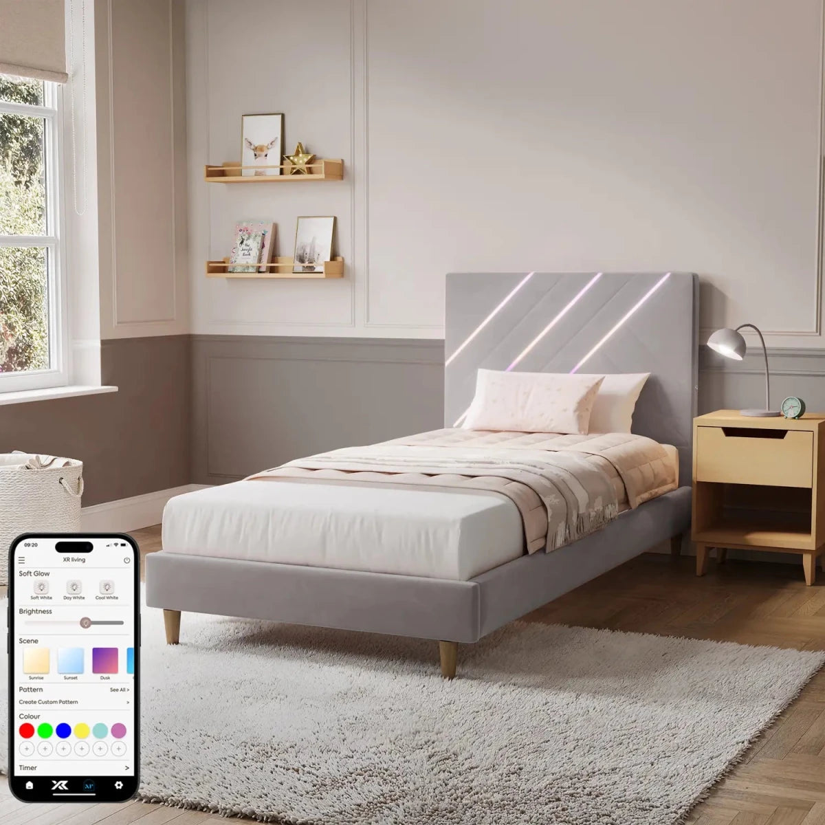 Lily Single Bed Frame with App Controlled LED Lights - Grey - XR LivingBed Frame