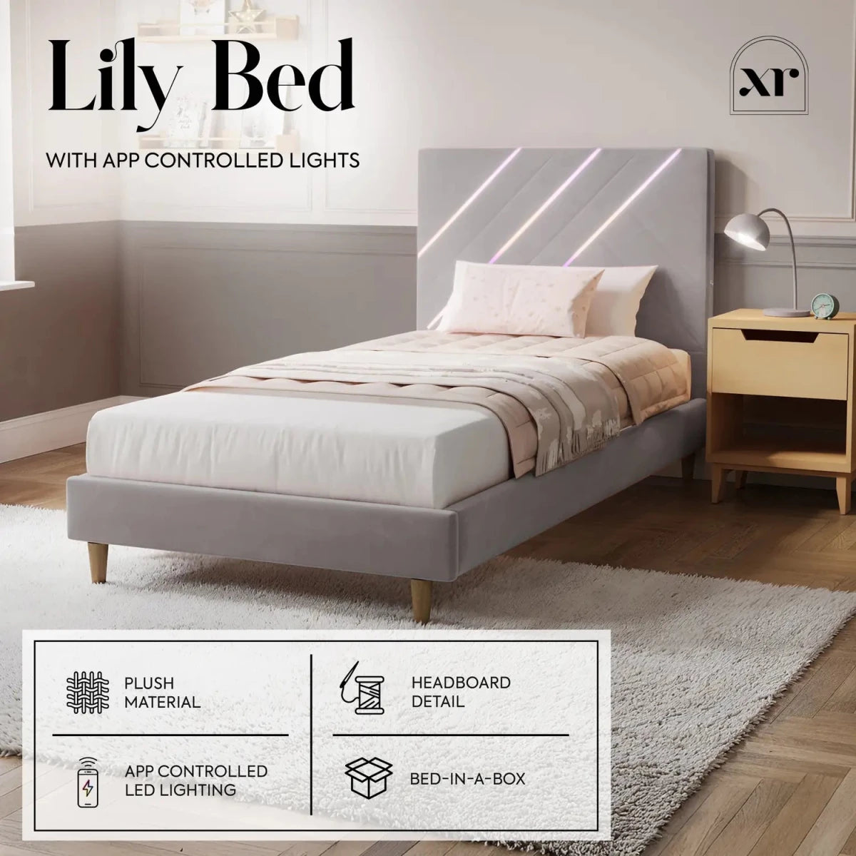 Lily Single Bed Frame with App Controlled LED Lights - Grey - XR LivingBed Frame