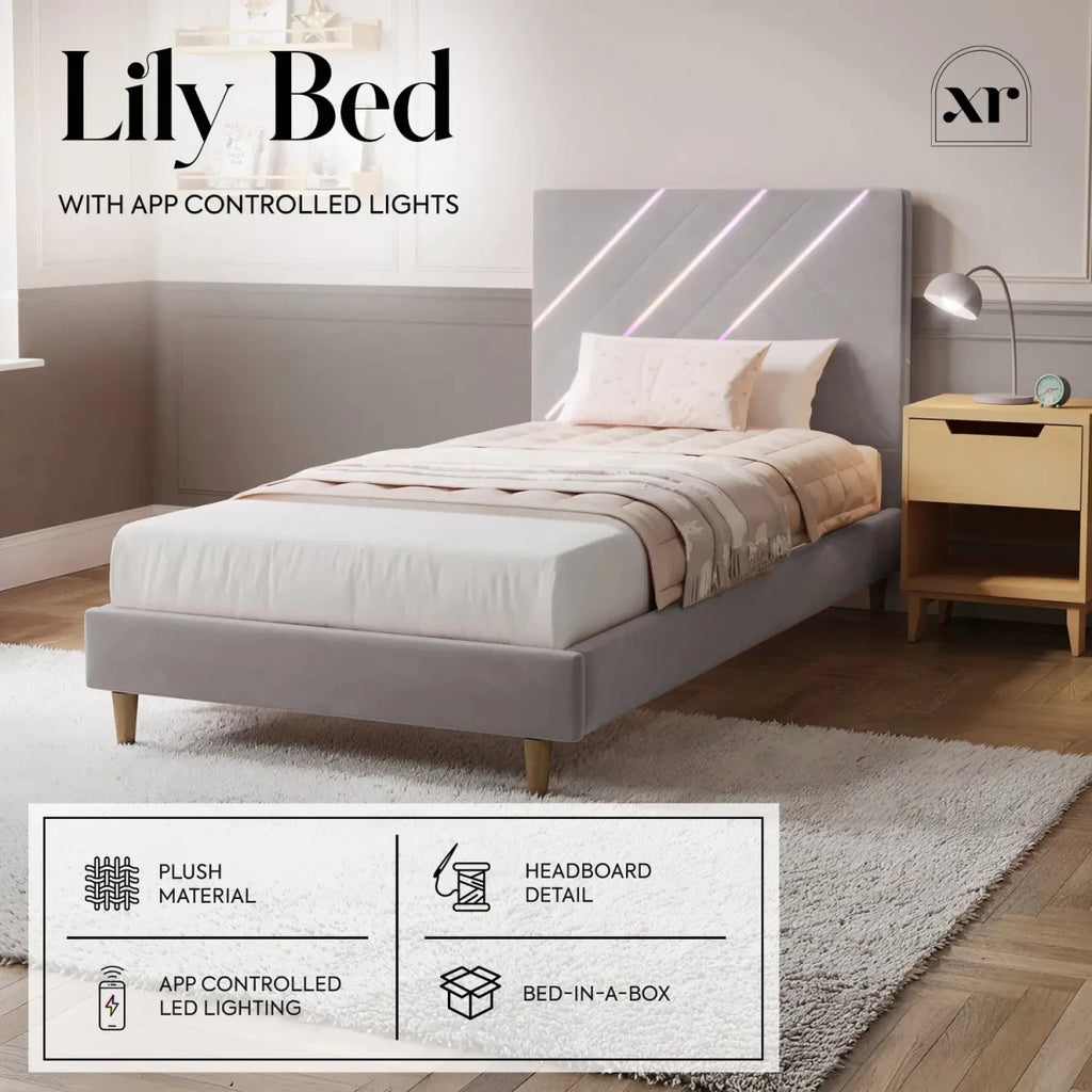 Lily Single Bed Frame with App Controlled LED Lights - Grey - XR LivingBed Frame