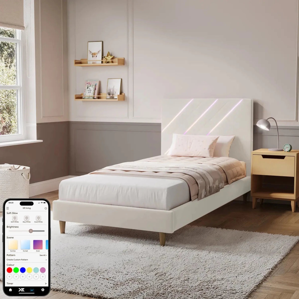 Lily Single Bed Frame with App Controlled LED Lights - Ivory - XR LivingBed Frame