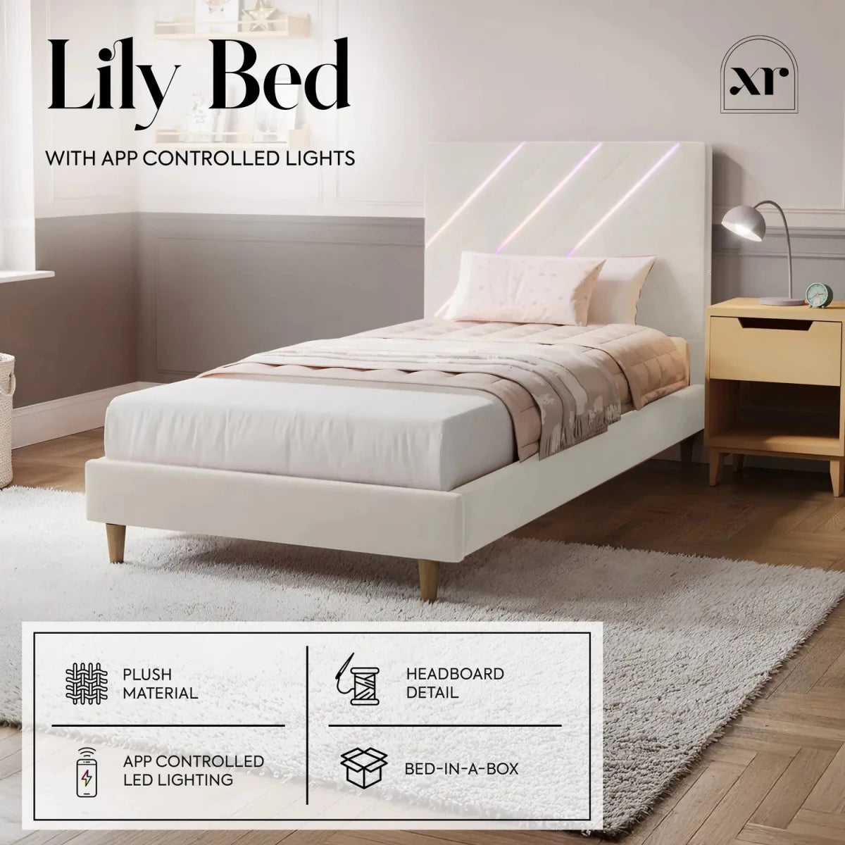 Lily Single Bed Frame with App Controlled LED Lights - Ivory - XR LivingBed Frame