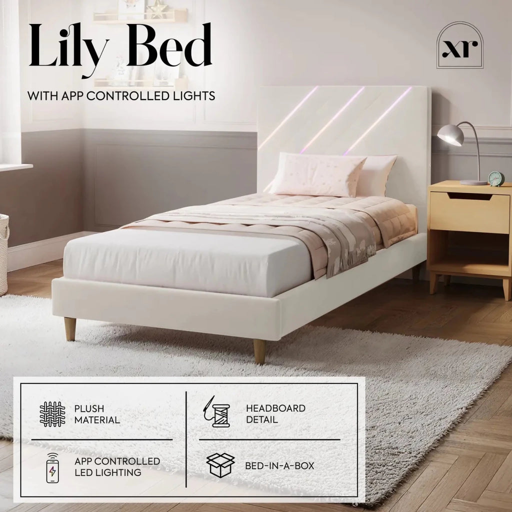 Lily Single Bed Frame with App Controlled LED Lights - Ivory - XR LivingBed Frame