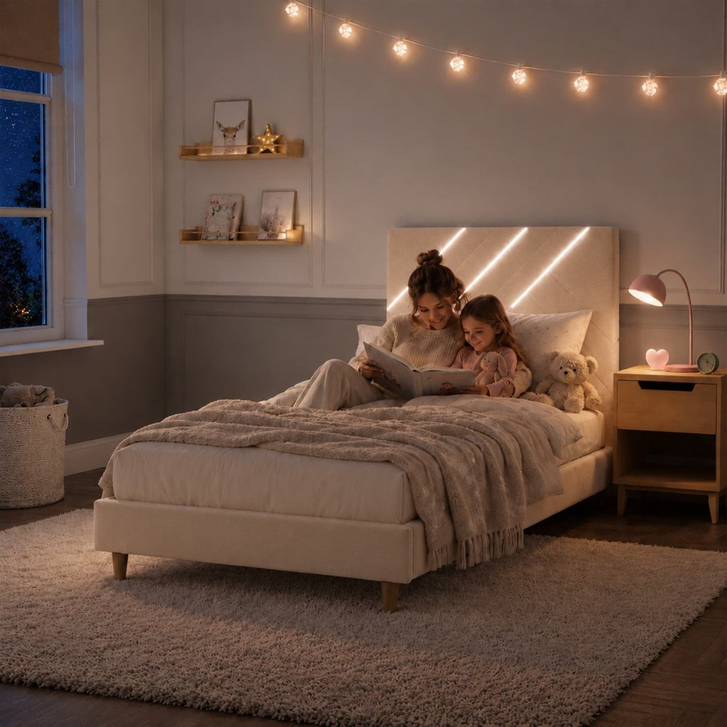 Lily Single Bed Frame with App Controlled LED Lights - Ivory - XR LivingBed Frame